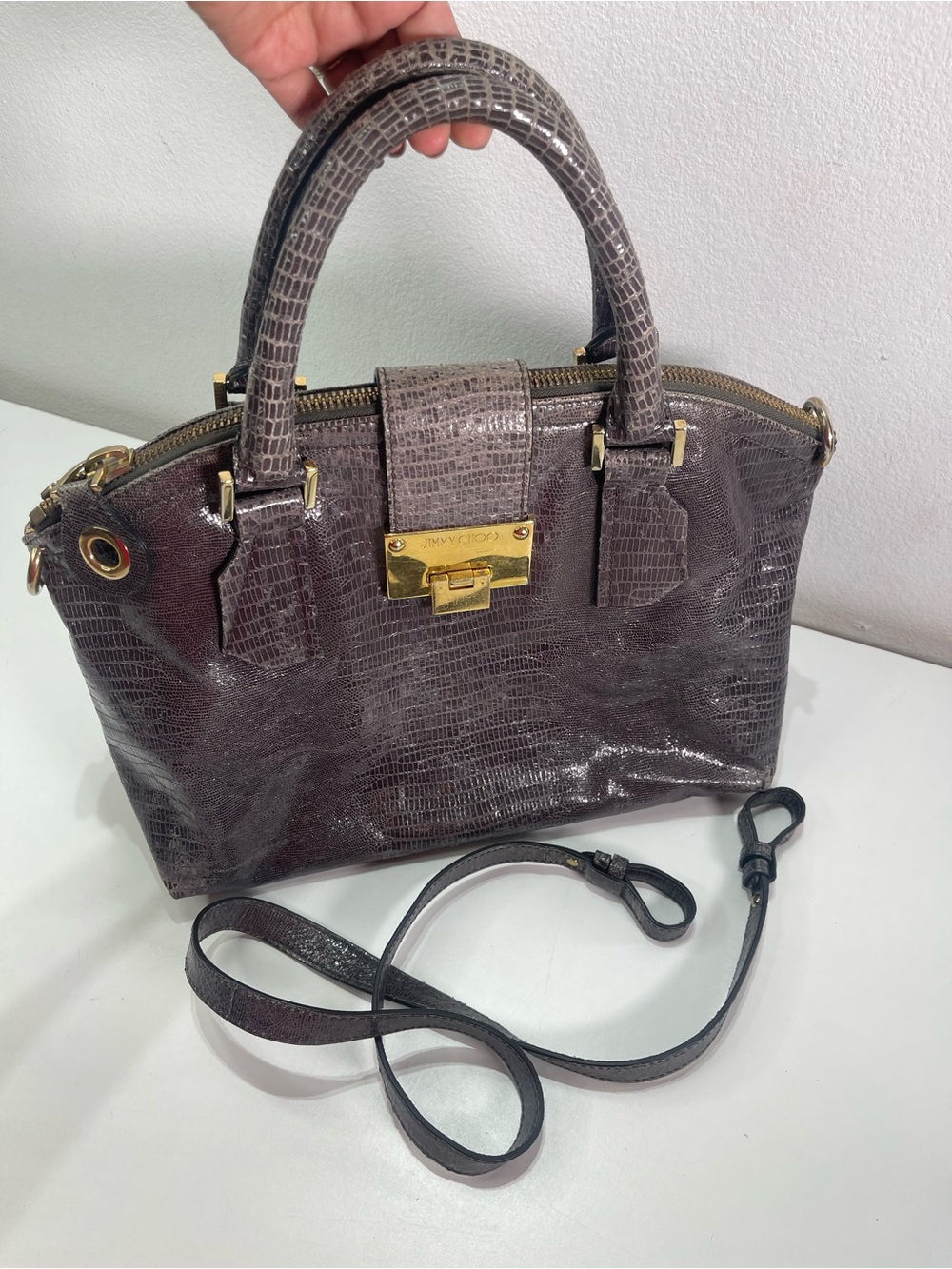 Jimmy Choo Rosa Shoulder Handbag Lizard Embossed Leather Gold Hardware Grunge